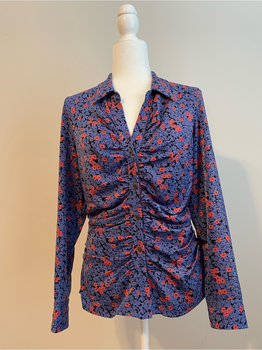 Rails Blue Floral Ruched Button-Front Shirt with Coral Accents
